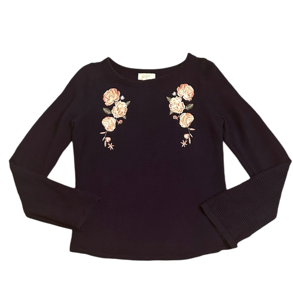 LOFT OUTLET Embroidered Floral Blue LongSleeve Top Women’s Size Small